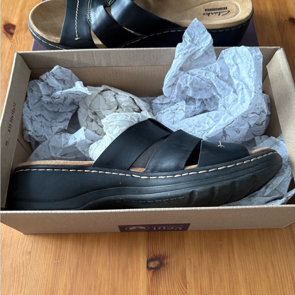 Clarks Black Leather Slide Sandals